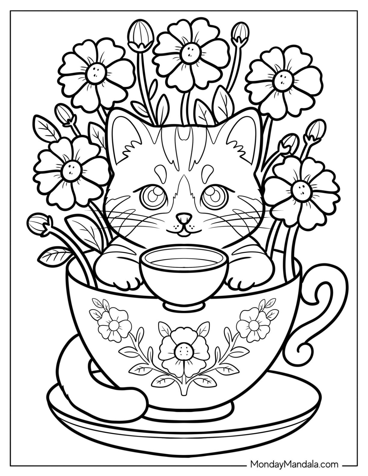 Tiny Cat Coloring Page Inside a Teacup Full of Flowers