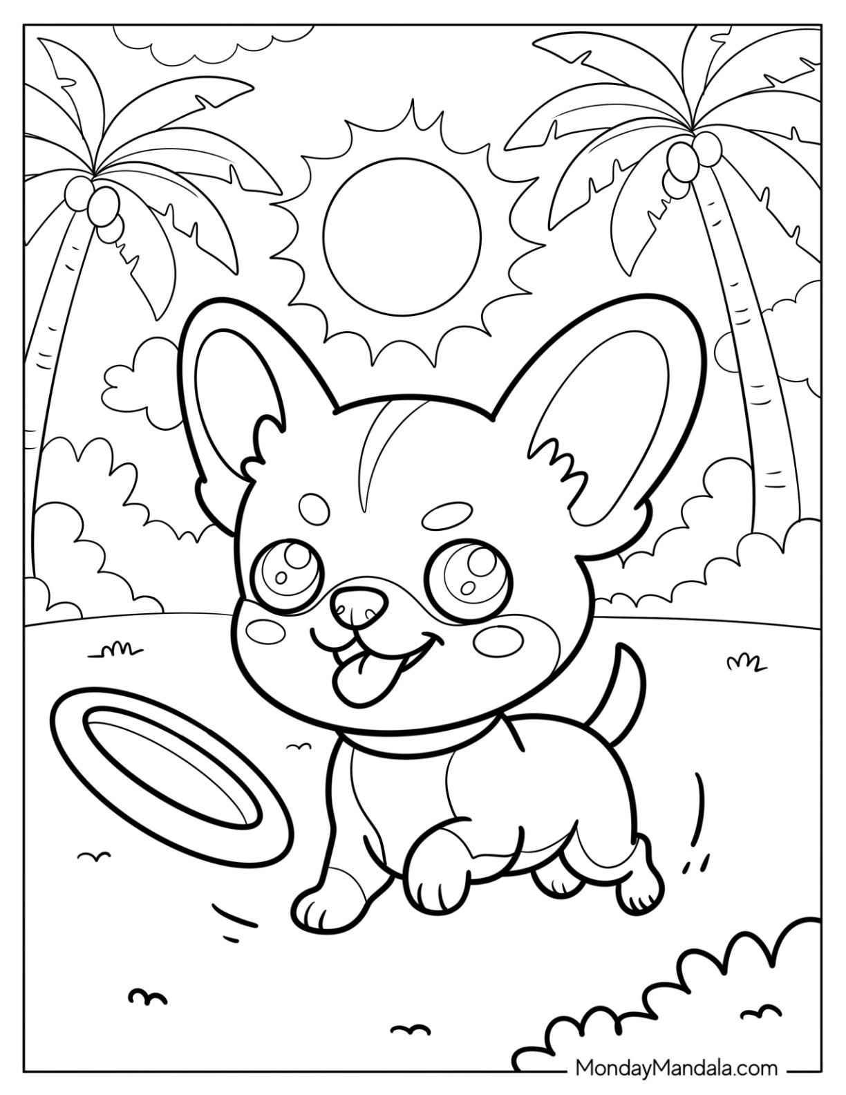 Tiny Chihuahua Coloring Page Chasing a Frisbee in the Park for Kids