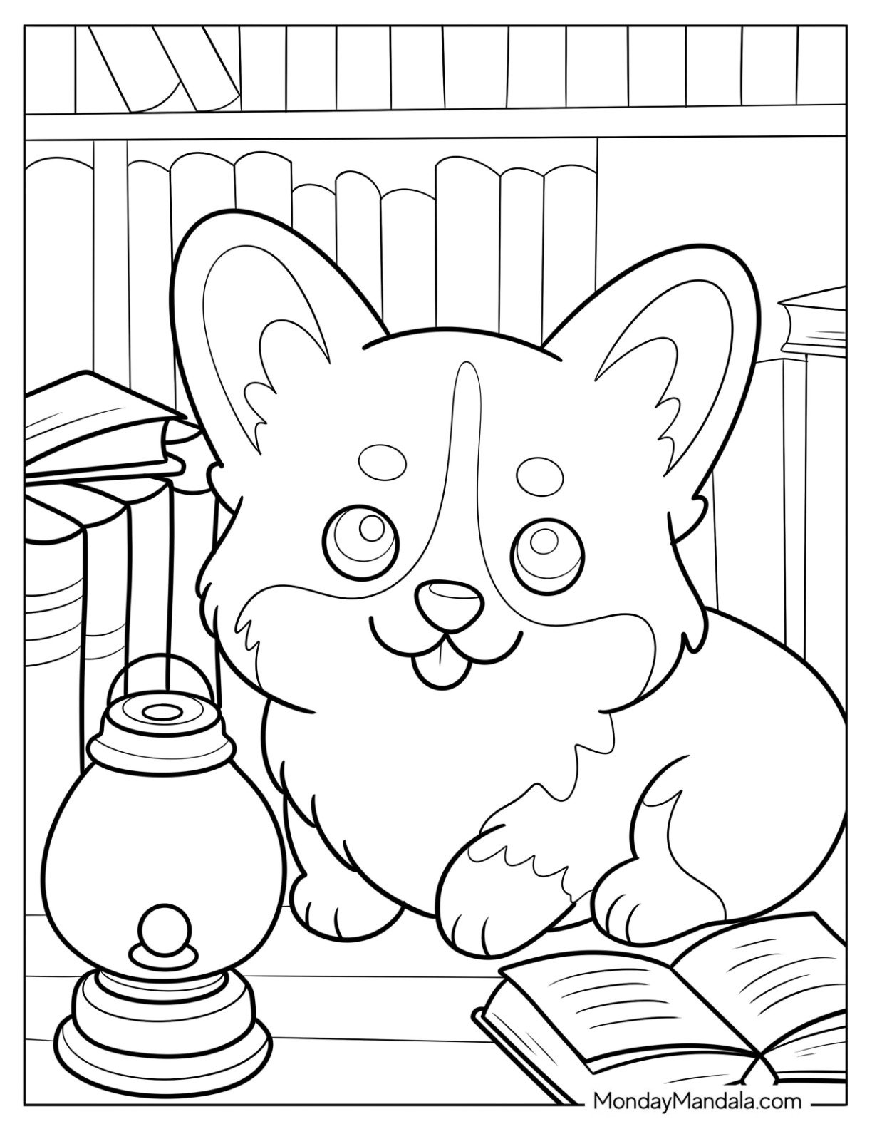 Tiny Corgi Coloring Page Reading Book by Lamplight for Preschoolers