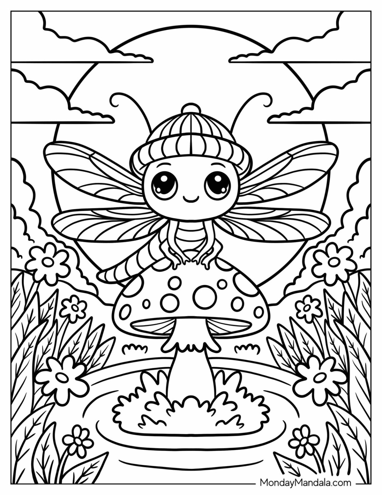 Tiny Dragonfly Coloring Page Sitting on a Mushroom for Kids