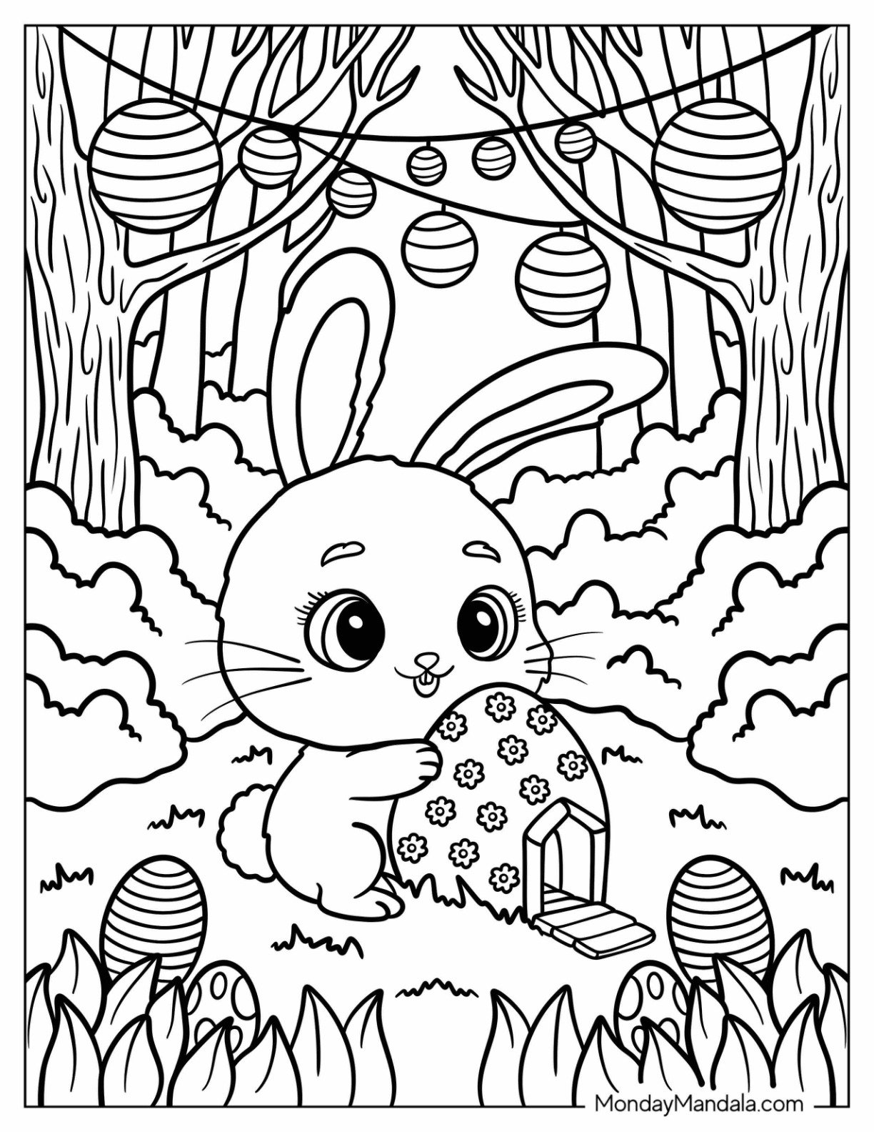 Tiny Easter Bunny Coloring Page with a Big Egg Under Lanterns