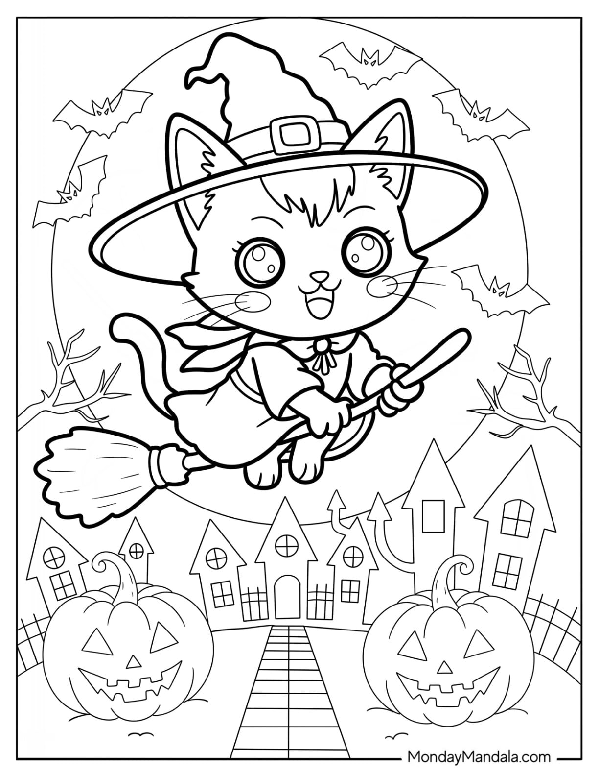 Tiny Halloween Cat Coloring Page in Robe Flying on a Broom over Haunted Town for Kids