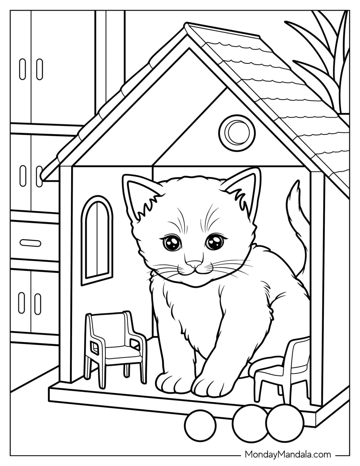 Tiny Kitten Coloring Page Inside Toy House with Balls Outside for Kids