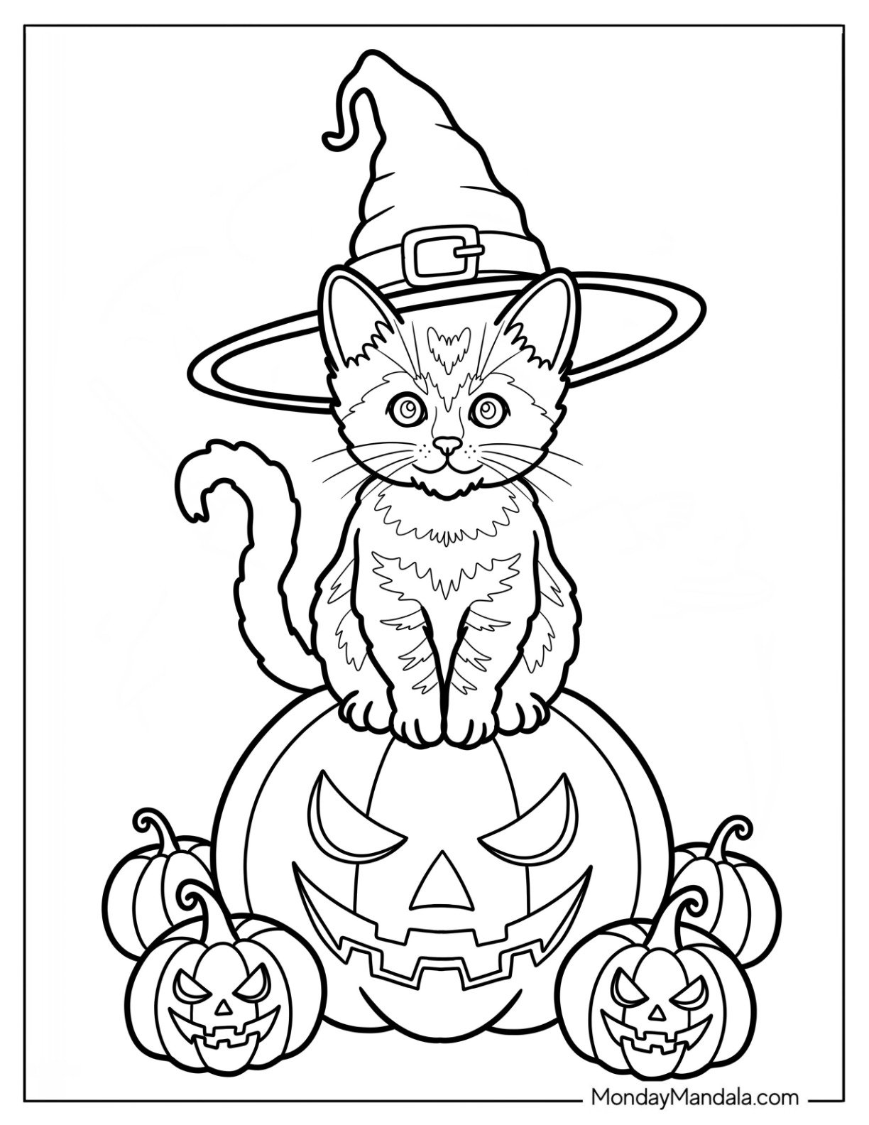 Tiny Kitten Coloring Page with Witch Hat Standing on Jack o Lantern