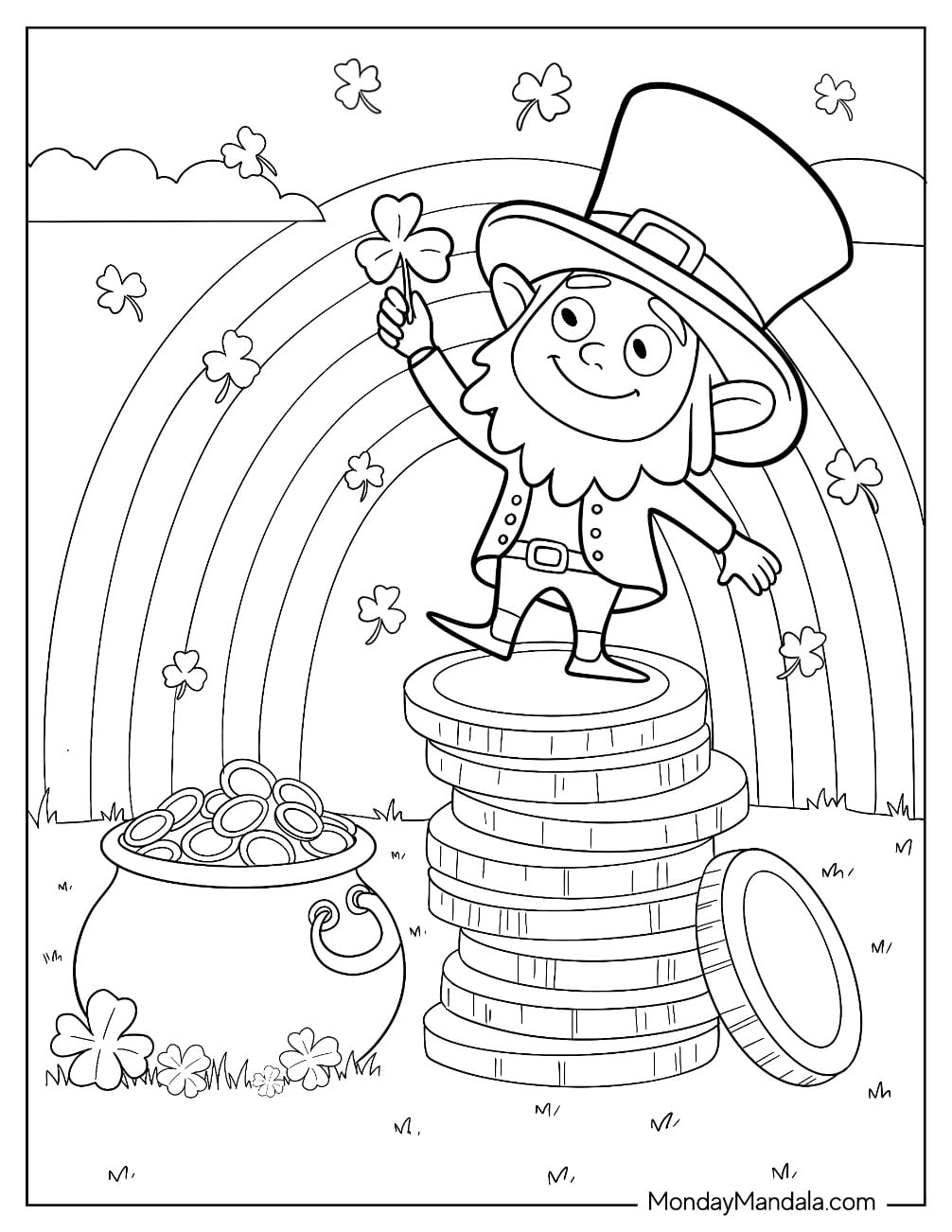 Tiny Leprechaun Coloring Page Standing On Stack of Gold Coins