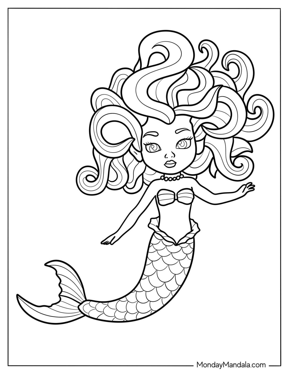 Tiny Mermaid Coloring Page with Tangled Curly Hair for Preschoolers