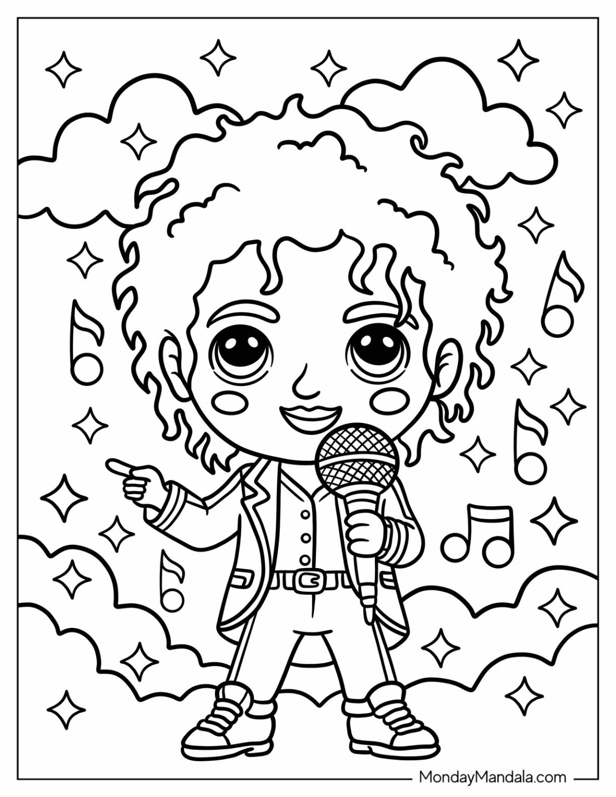 Tiny Michael Jackson Coloring Page Singing While Surrounded by Musical Notes and Clouds