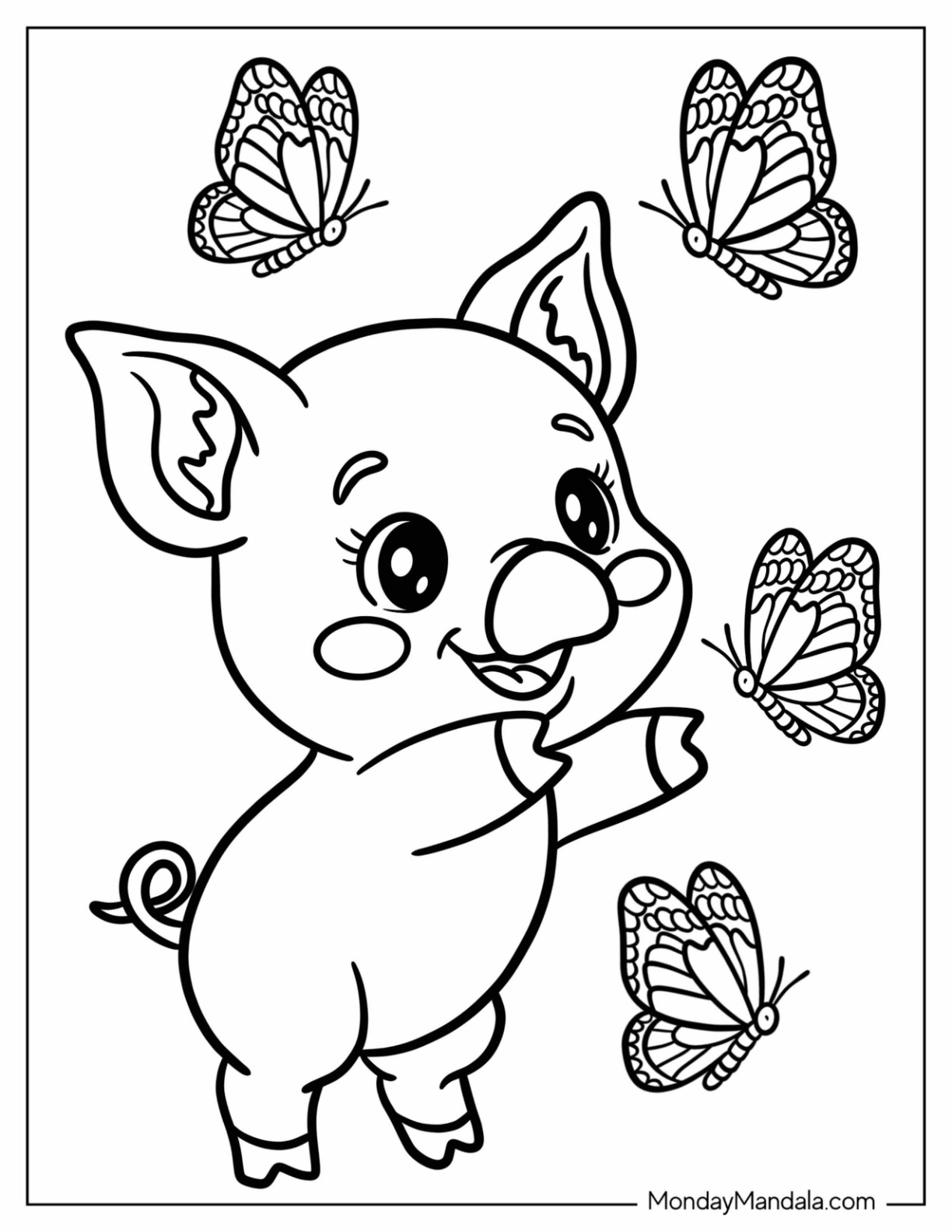 Tiny Pig Coloring Page Chasing Butterflies for Preschoolers