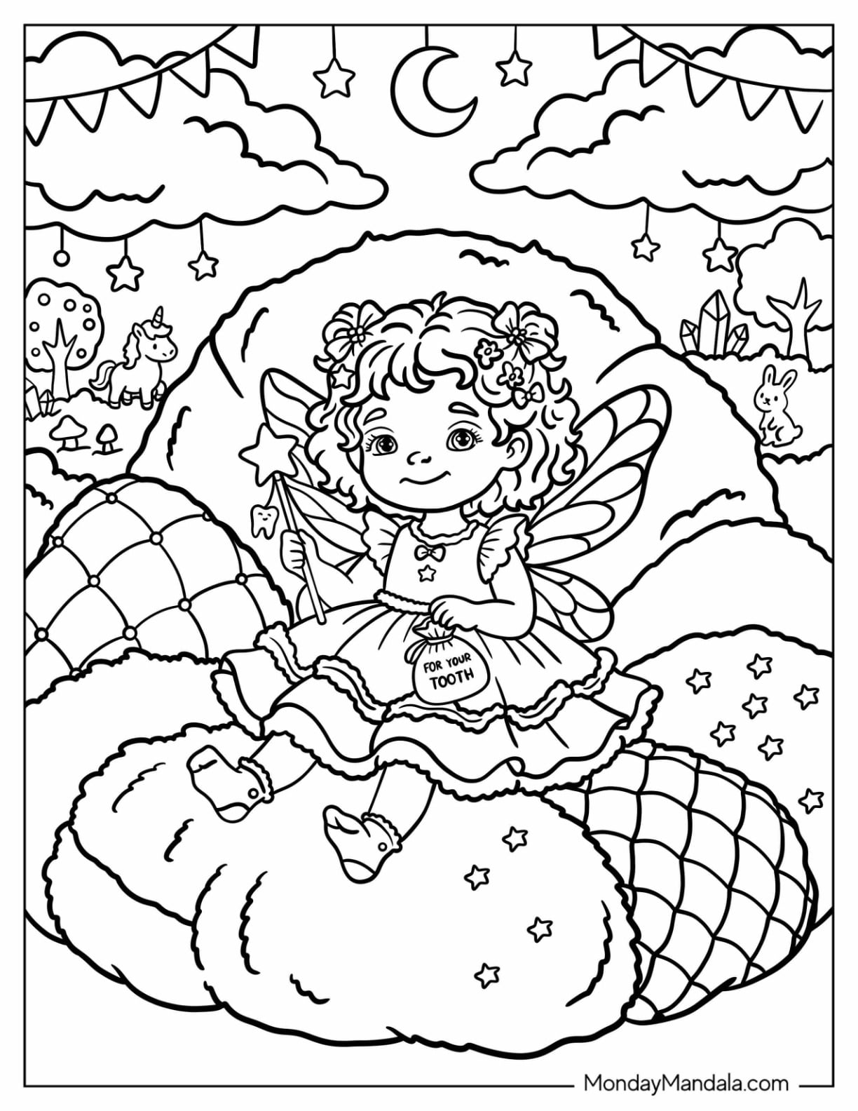 Tiny Tooth Fairy with a Bag of Gold Coins Coloring Page