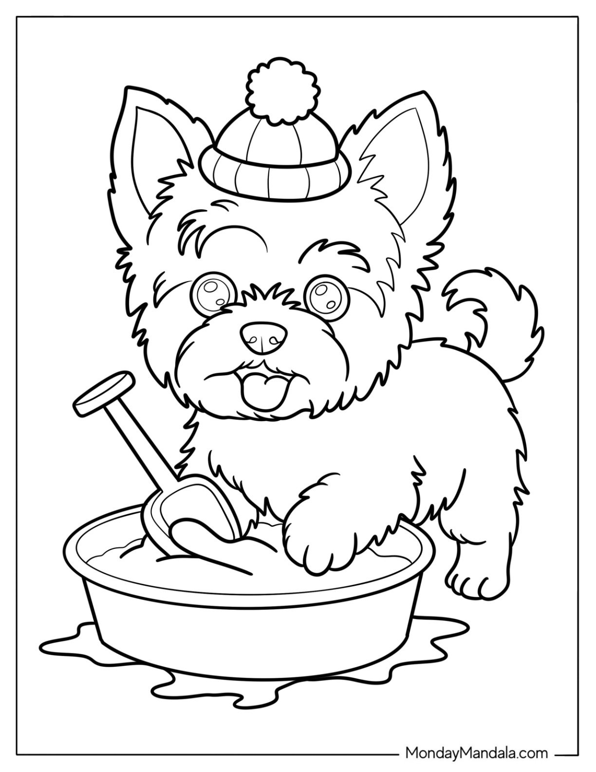 Tiny Yorkie Coloring Page with Pom Pom Beanie and Shovel