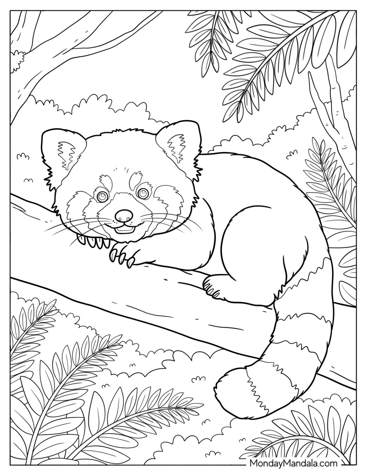Tired Red Panda Coloring Page Resting on a Tree Log