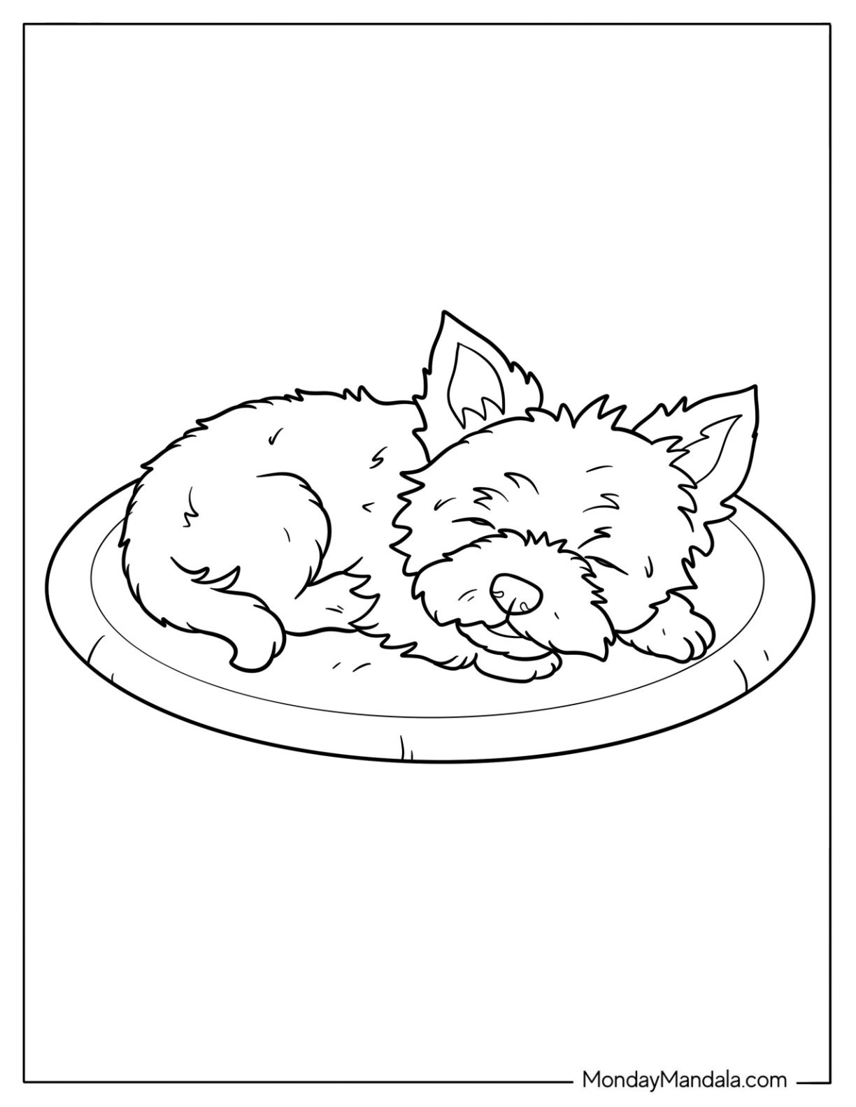 Tired Yorkie Coloring Page of Napping on a Rug For Preschoolers