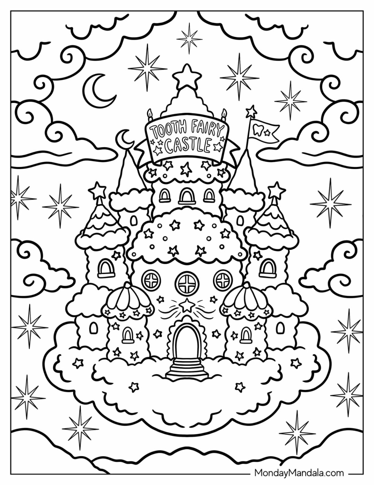 Tooth Fairy Castle in the Clouds Coloring Sheet