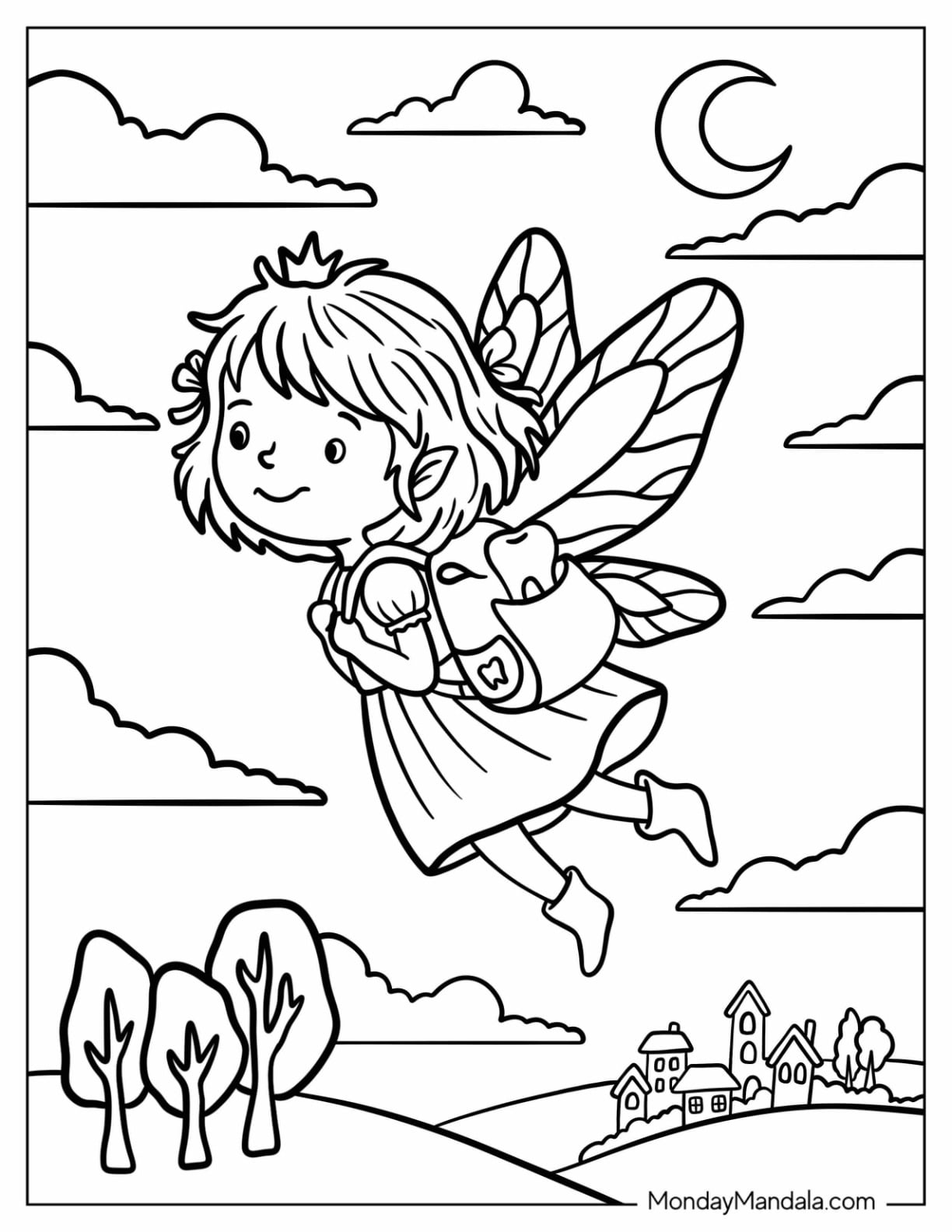 Tooth Fairy Flying Under the Moon Coloring Page