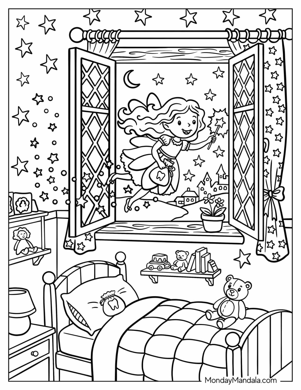 Tooth Fairy Flying into a Bedroom Coloring Sheet