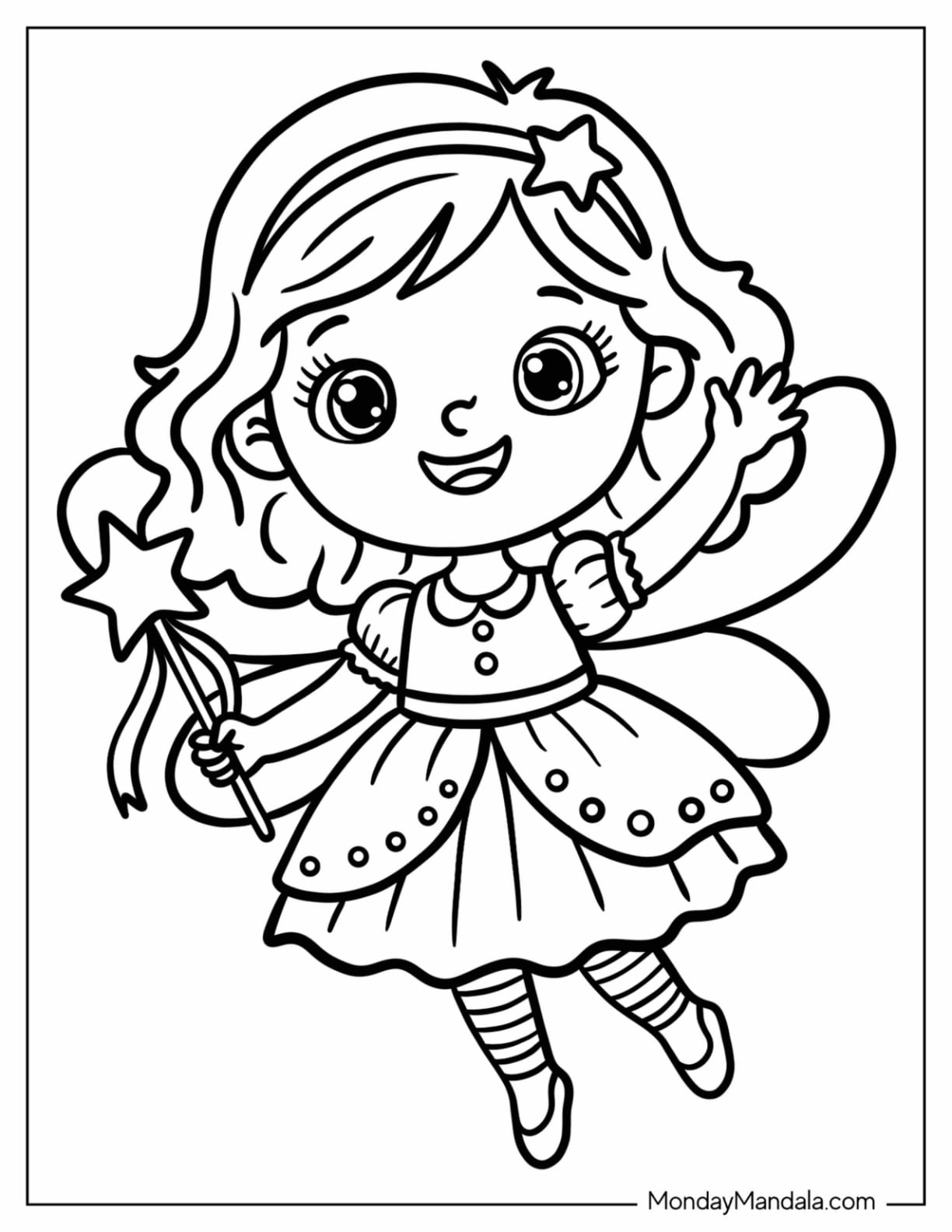 Tooth Fairy Flying with a Star Wand Coloring Page for Kids