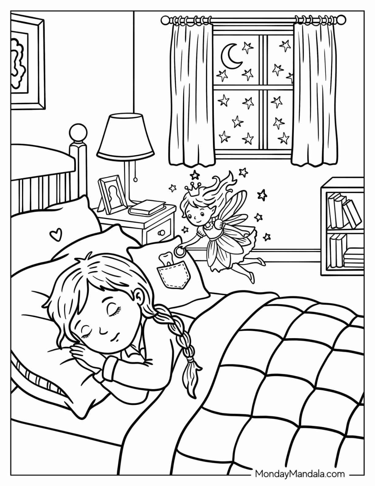 Tooth Fairy Giving a Sleeping Girl a Gold Coin Coloring Sheet