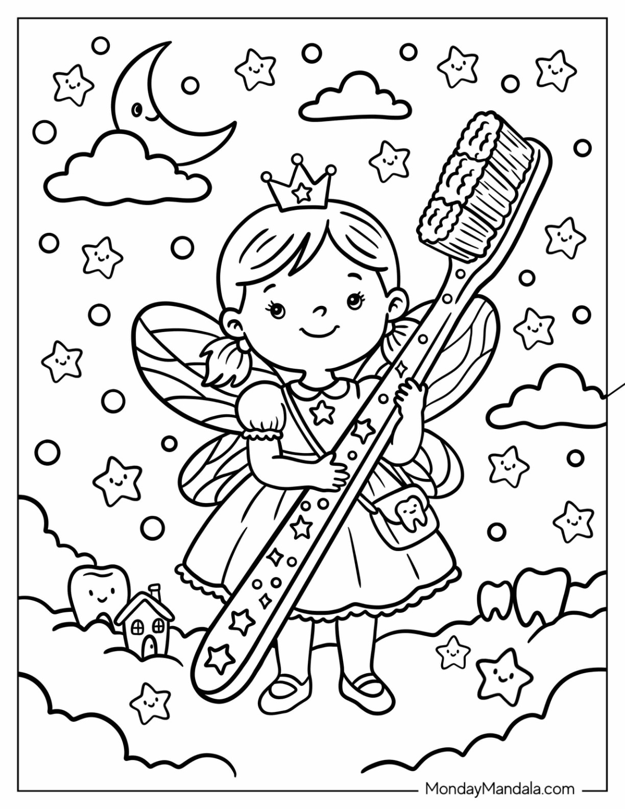 Tooth Fairy Holding a Giant Toothbrush Under the Stars Coloring Page for Kids
