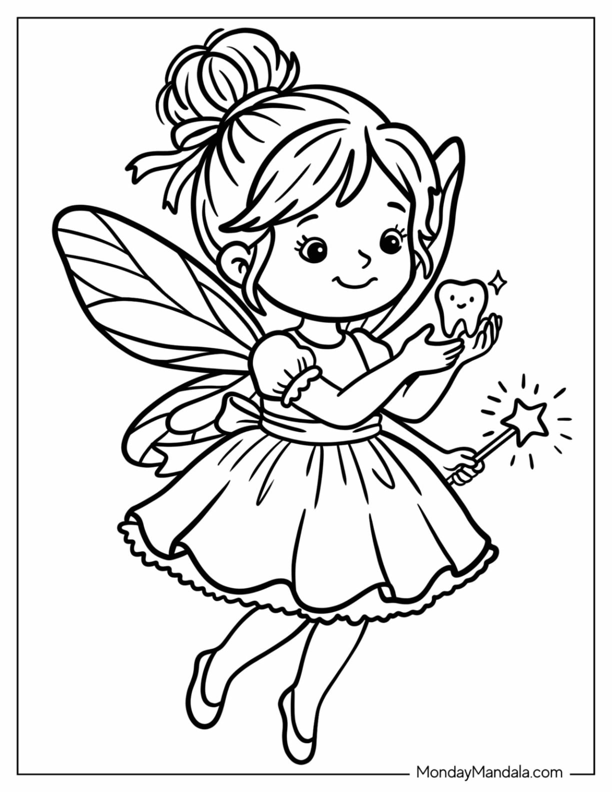 Tooth Fairy Holding a Tooth and a Wand Coloring Page