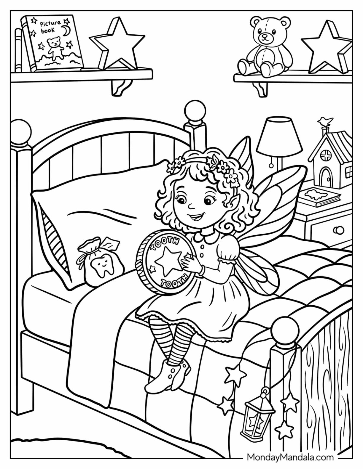 Tooth Fairy Sitting on a Bed with a Tooth Coin Coloring Sheet