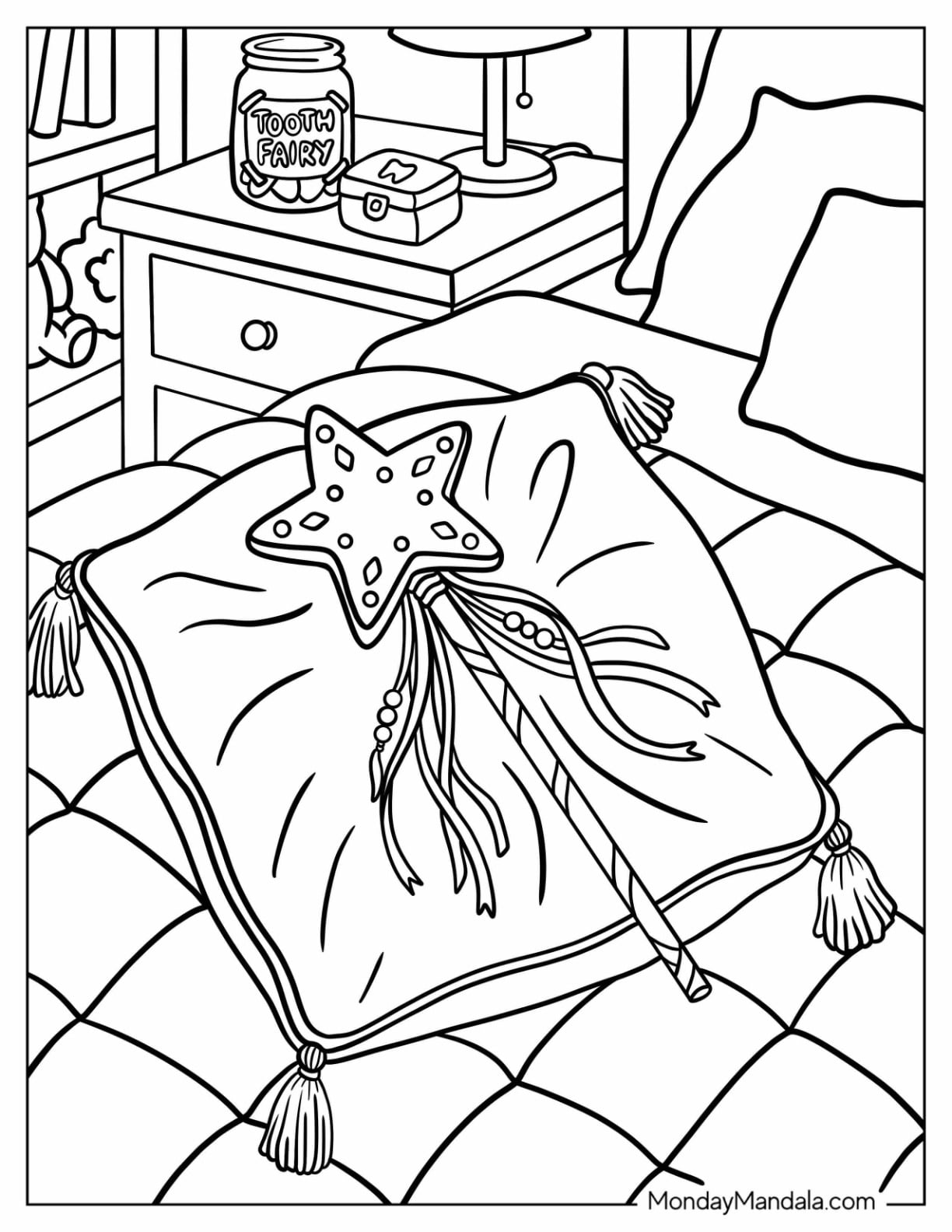 Tooth Fairy Star Wand on a Pillow Coloring Sheet