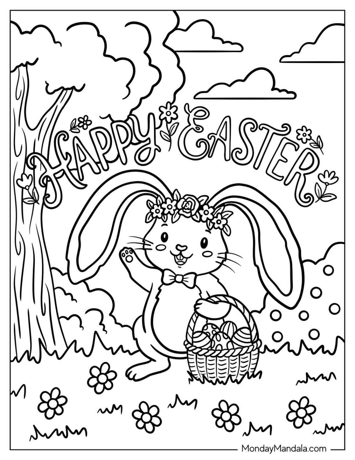 Toothy Bunny Carrying a Basket of Easter Eggs Coloring Sheet