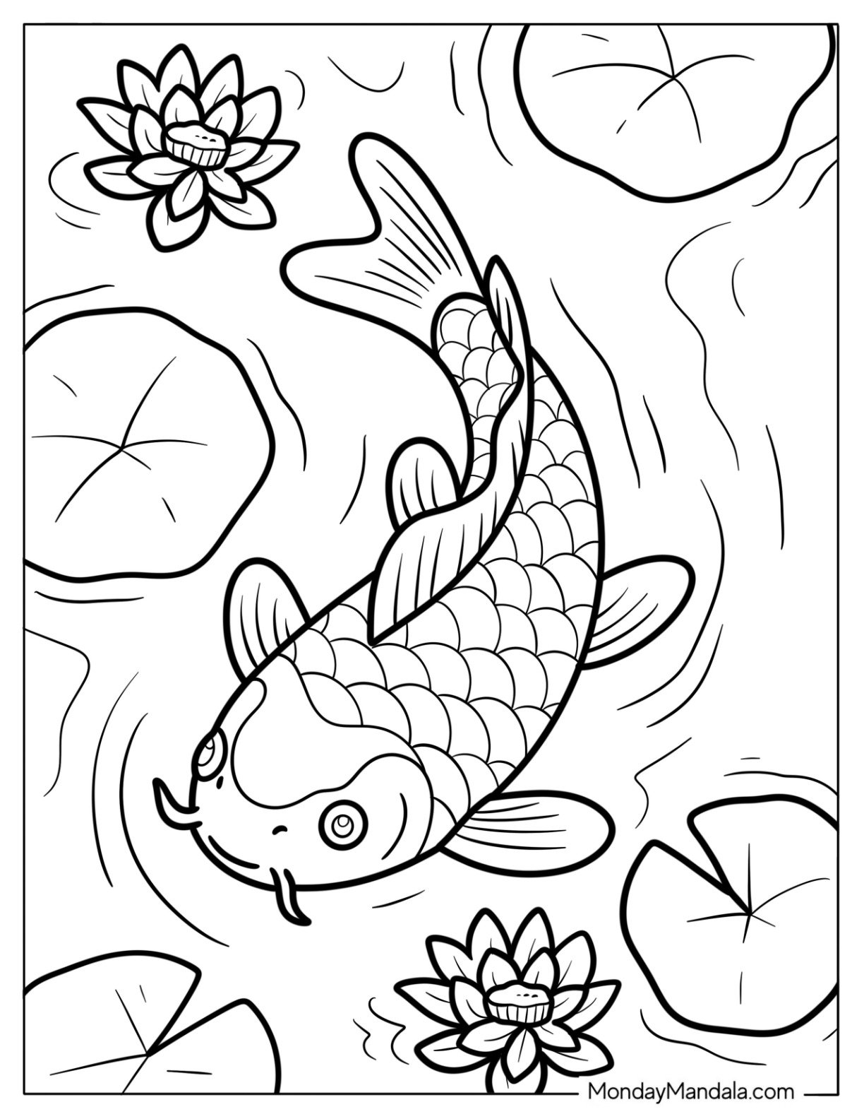 Top View of Koi Fish Coloring Page Swimming Around Lily Pads and Lotus Flowers