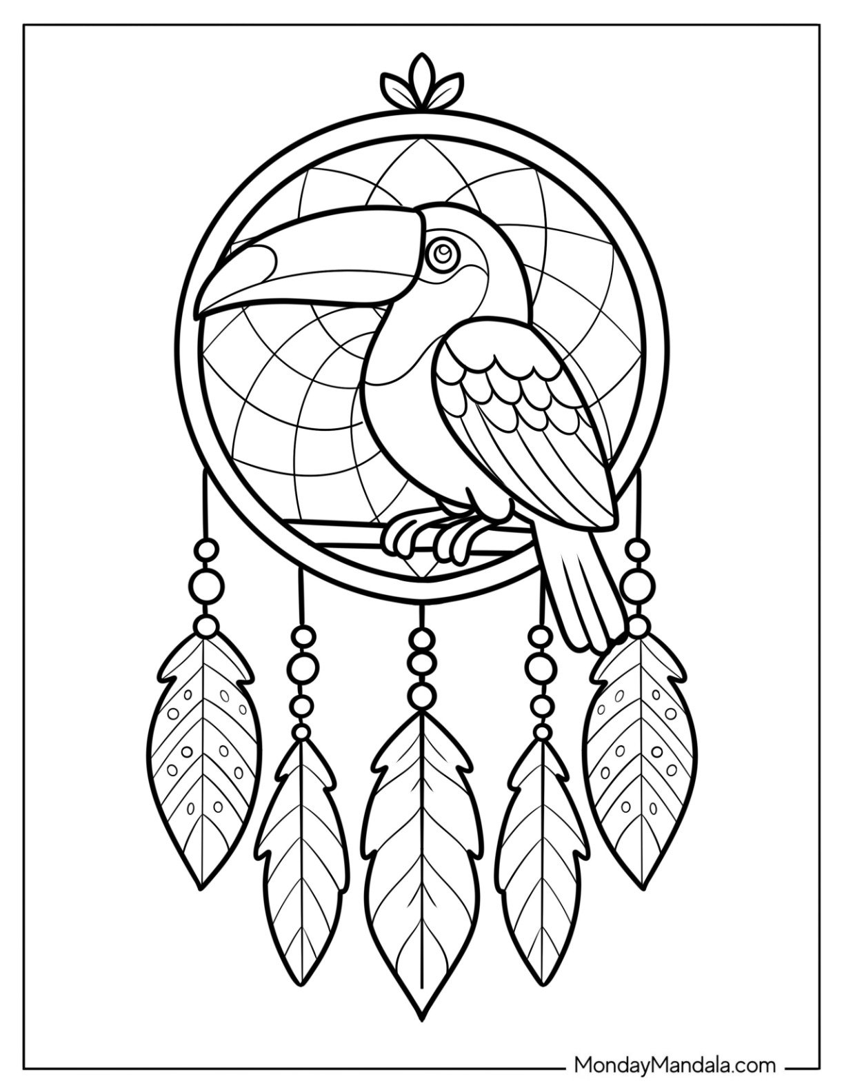 Toucan Coloring Page Dreamcatcher with Beads and Feathers