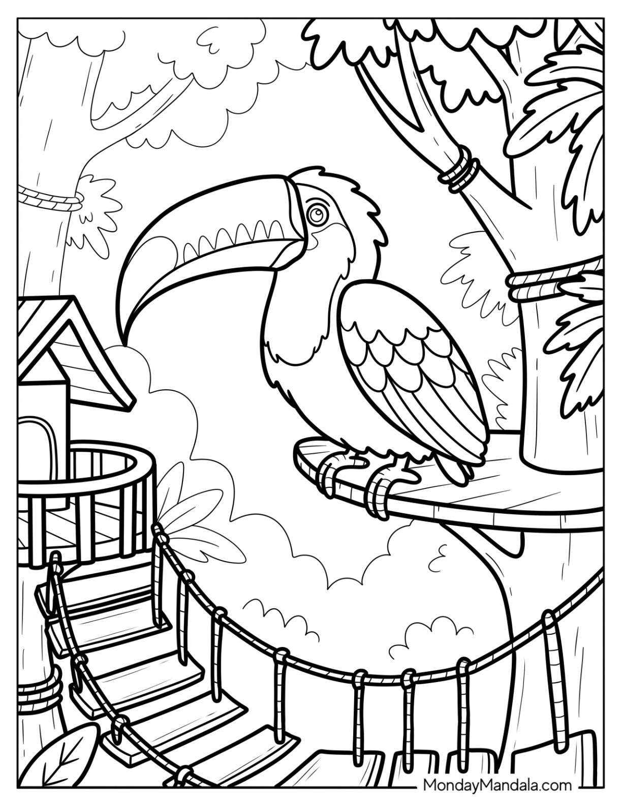 Toucan Coloring Page Overlooking a Treehouse with a Bridge