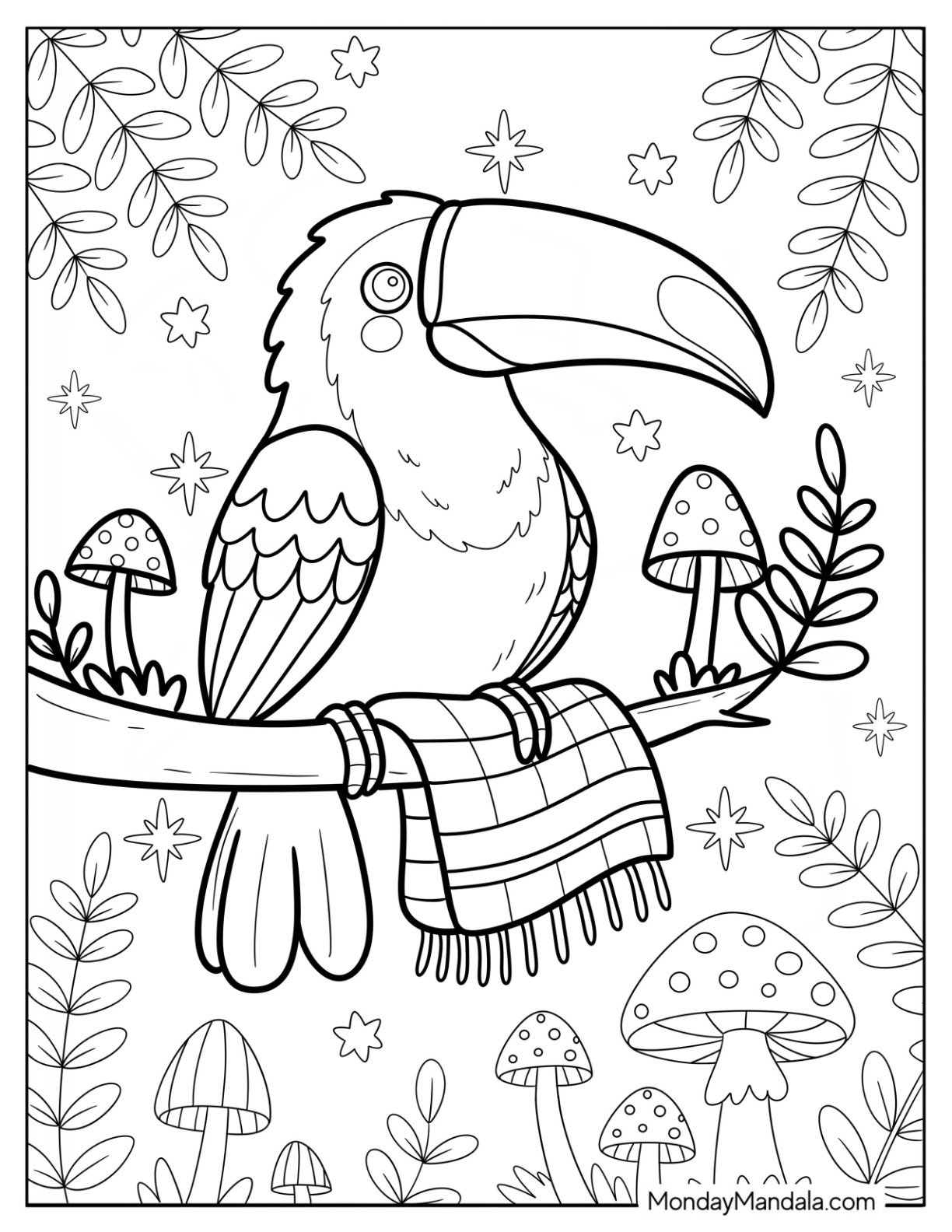 Toucan Coloring Page Perched on a Branch with Mushrooms and Folded Cloth
