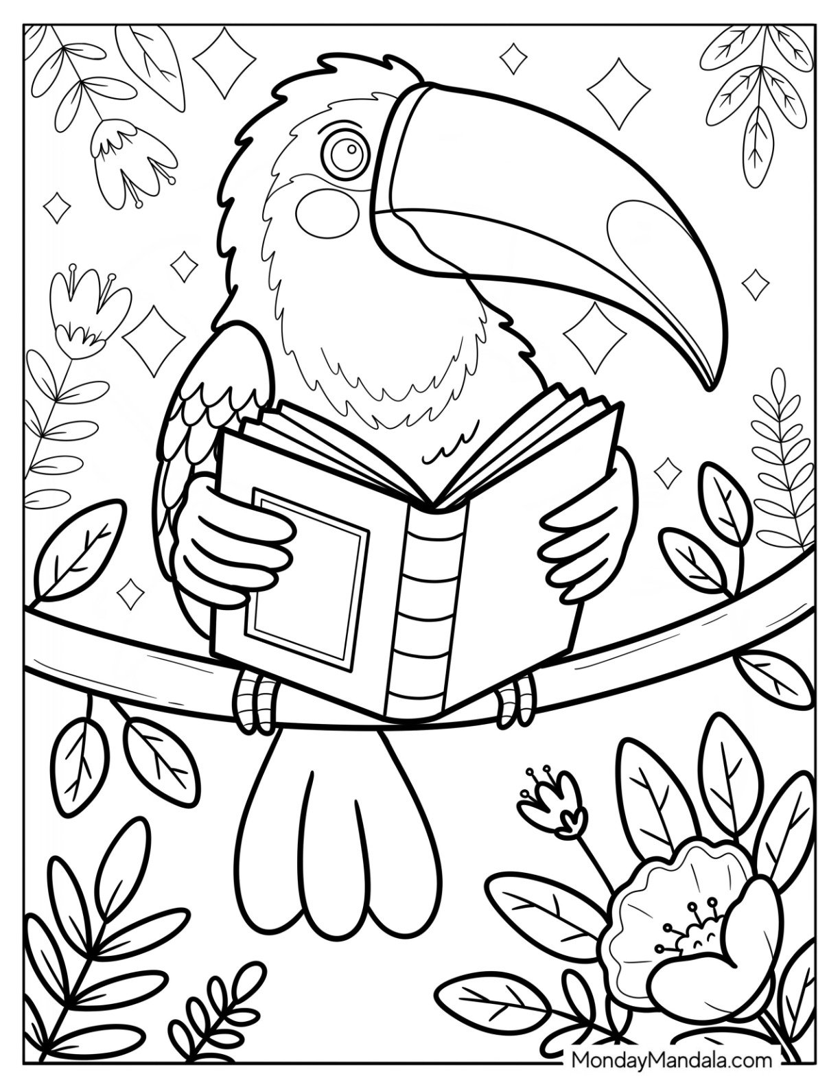 Toucan Coloring Page Reading a Book inn the Jungle with Sparkles 