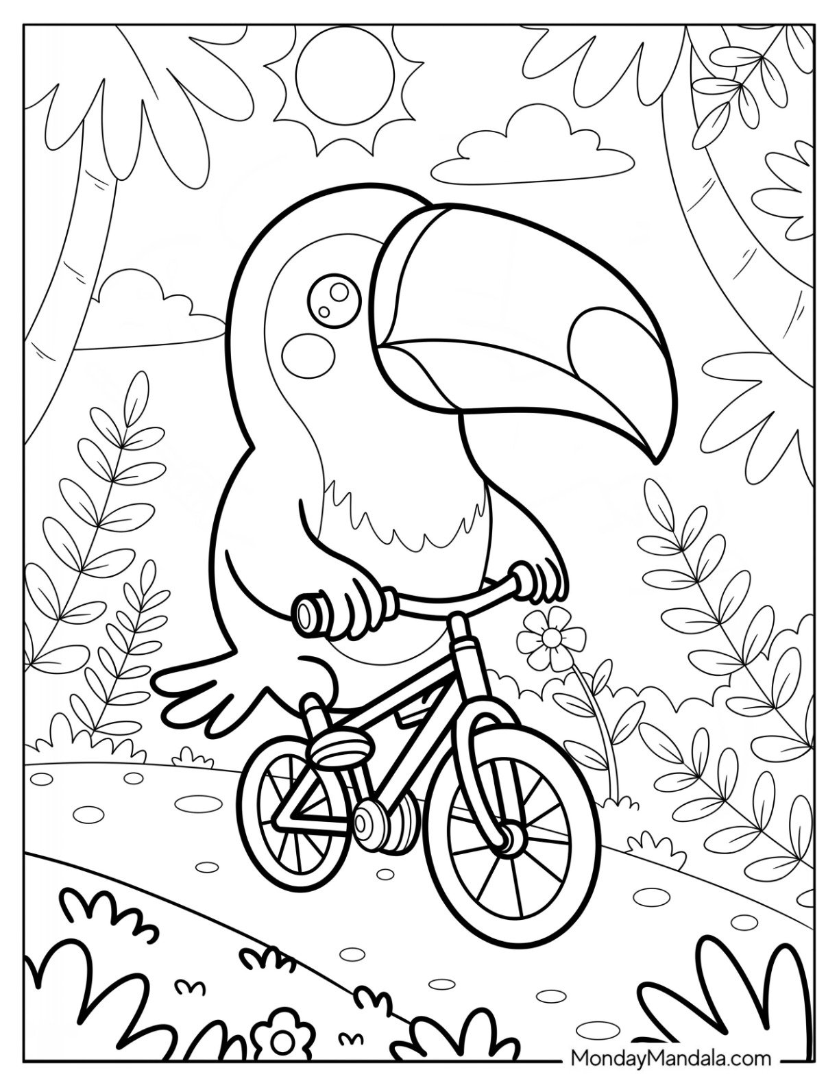 Toucan Coloring Page Riding a Bicycle in the Park for Kids