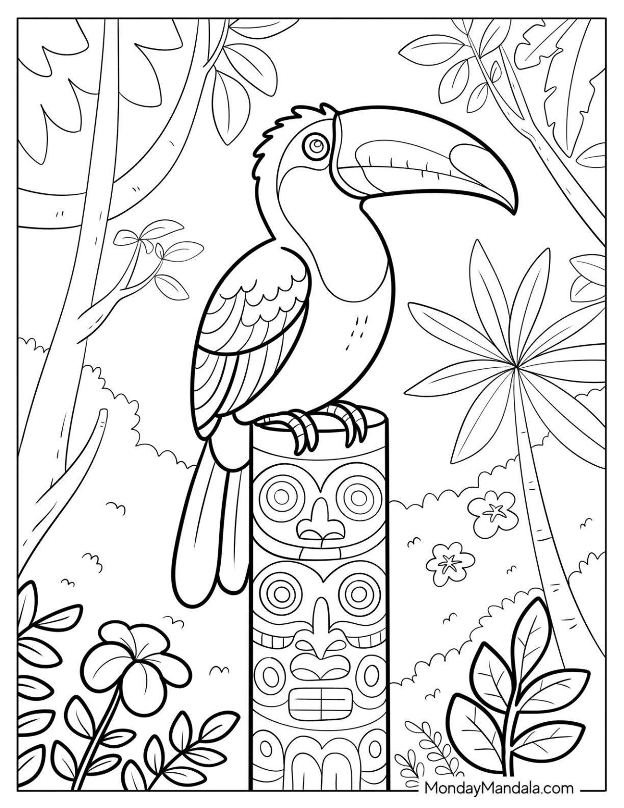 Toucan Coloring Page Sitting on a Tiki Totem in the Jungle Coloring Page