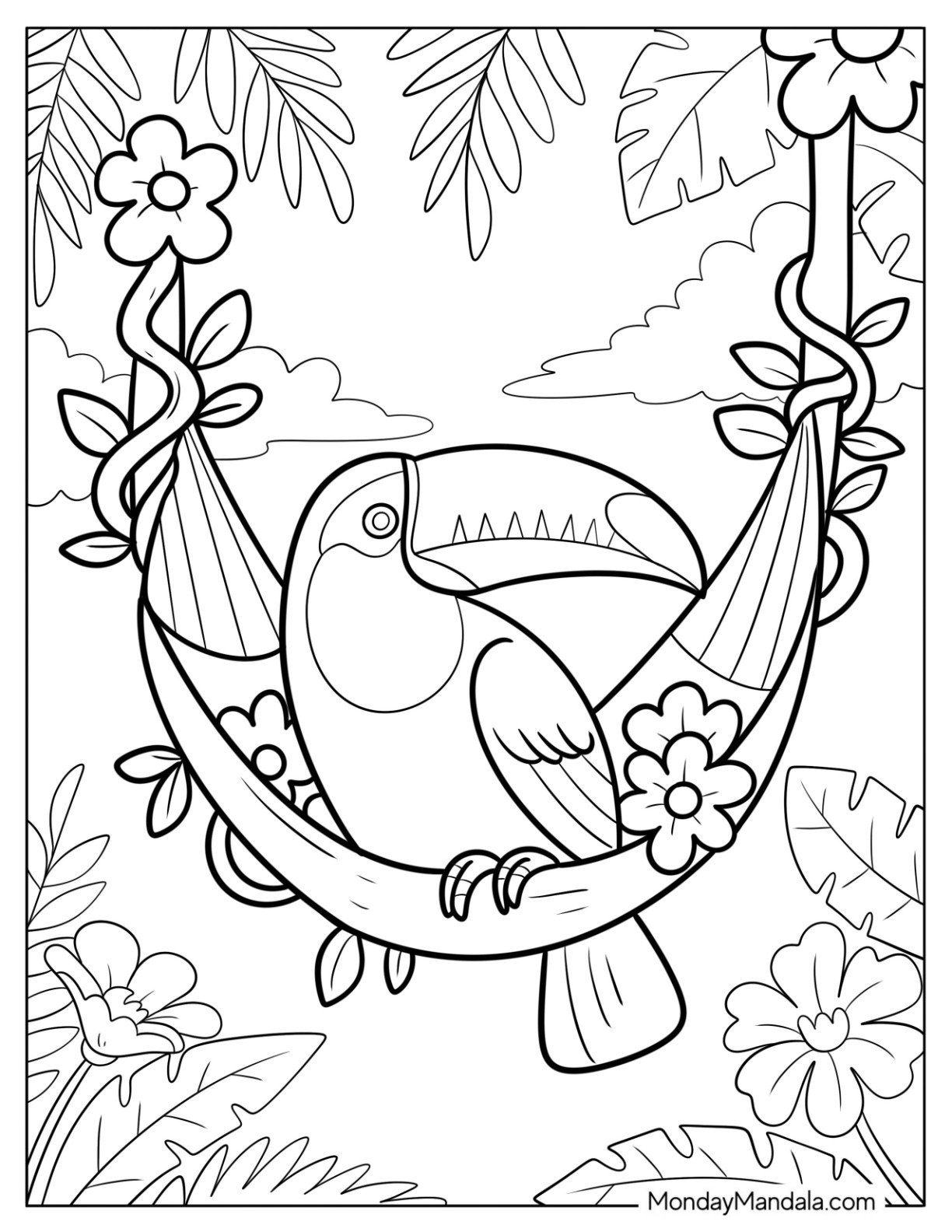 Toucan Coloring Page in a Hammock with Flowers and Vines