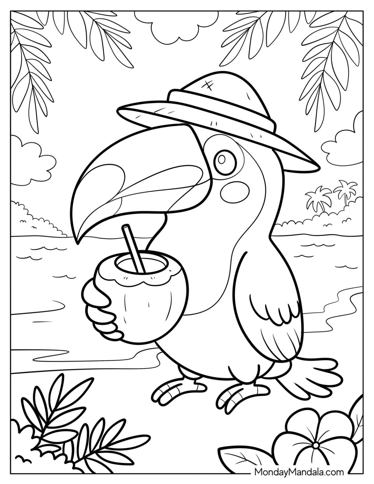 Toucan Coloring Page with Straw Hat and Coconut Drink at the Beach