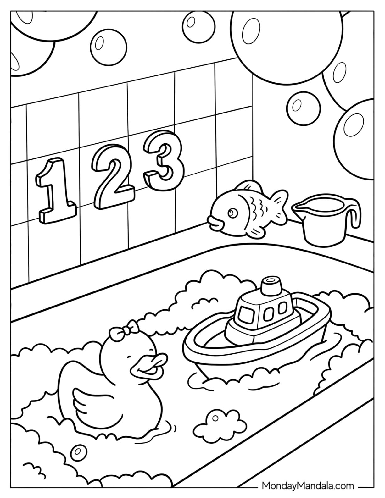 Toy Coloring Page of Boat and Rubber Duck in a Bubble Bath for Kids