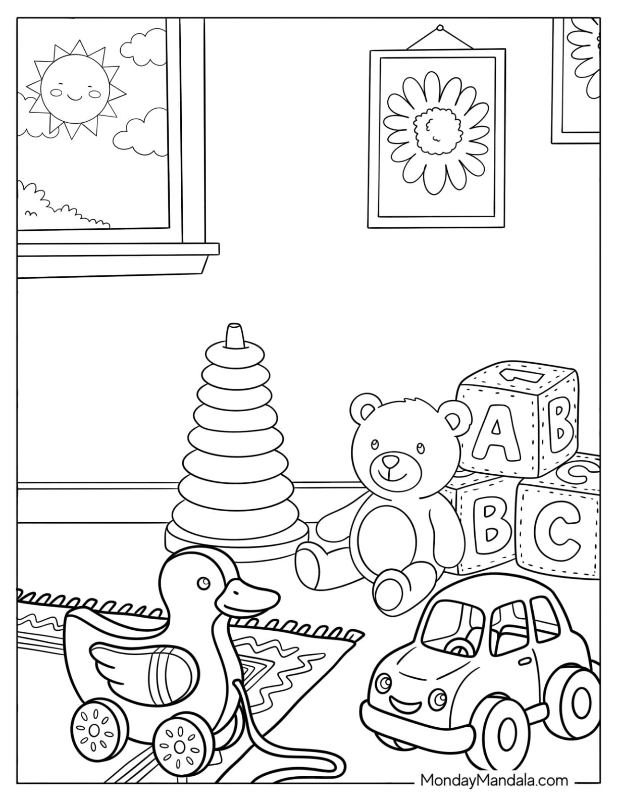 Toy Coloring Page of Duck, Teddy Bear, and Stacking Rings