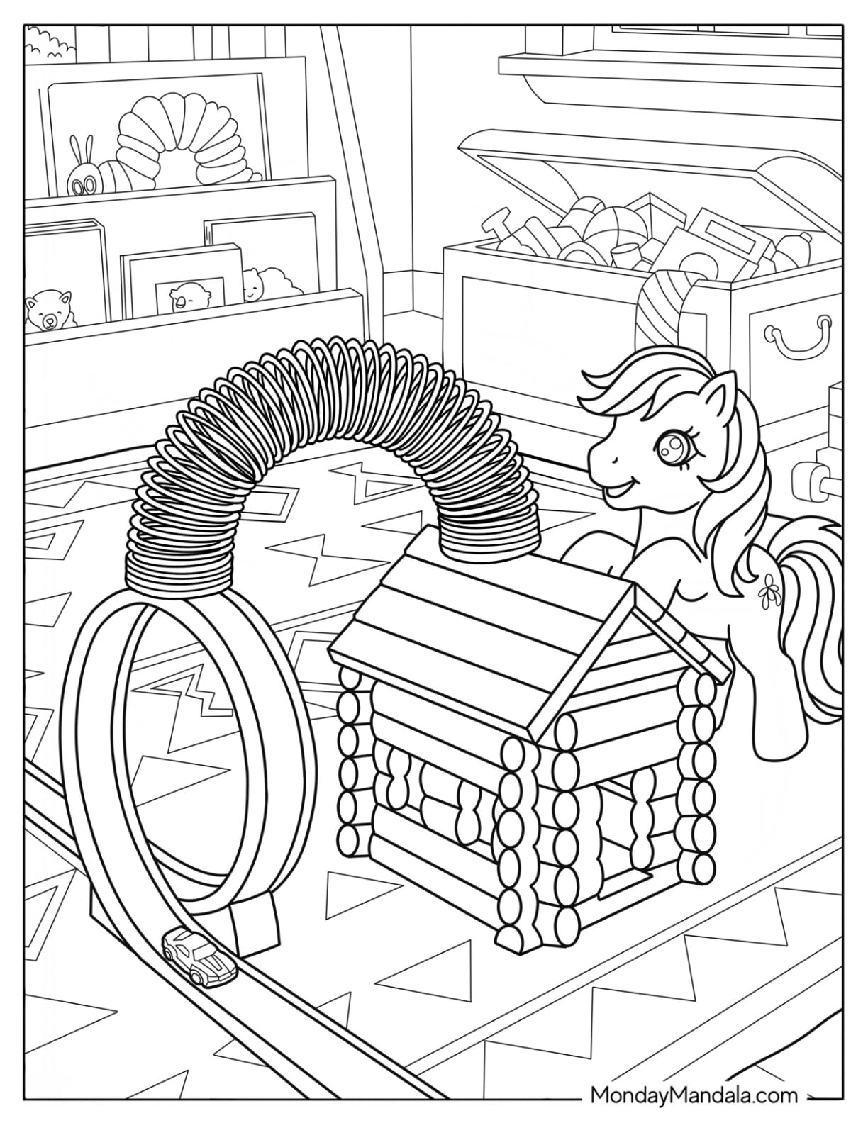 Toy Coloring Page of Pony, Slinky Tunnel, and Log Cabin