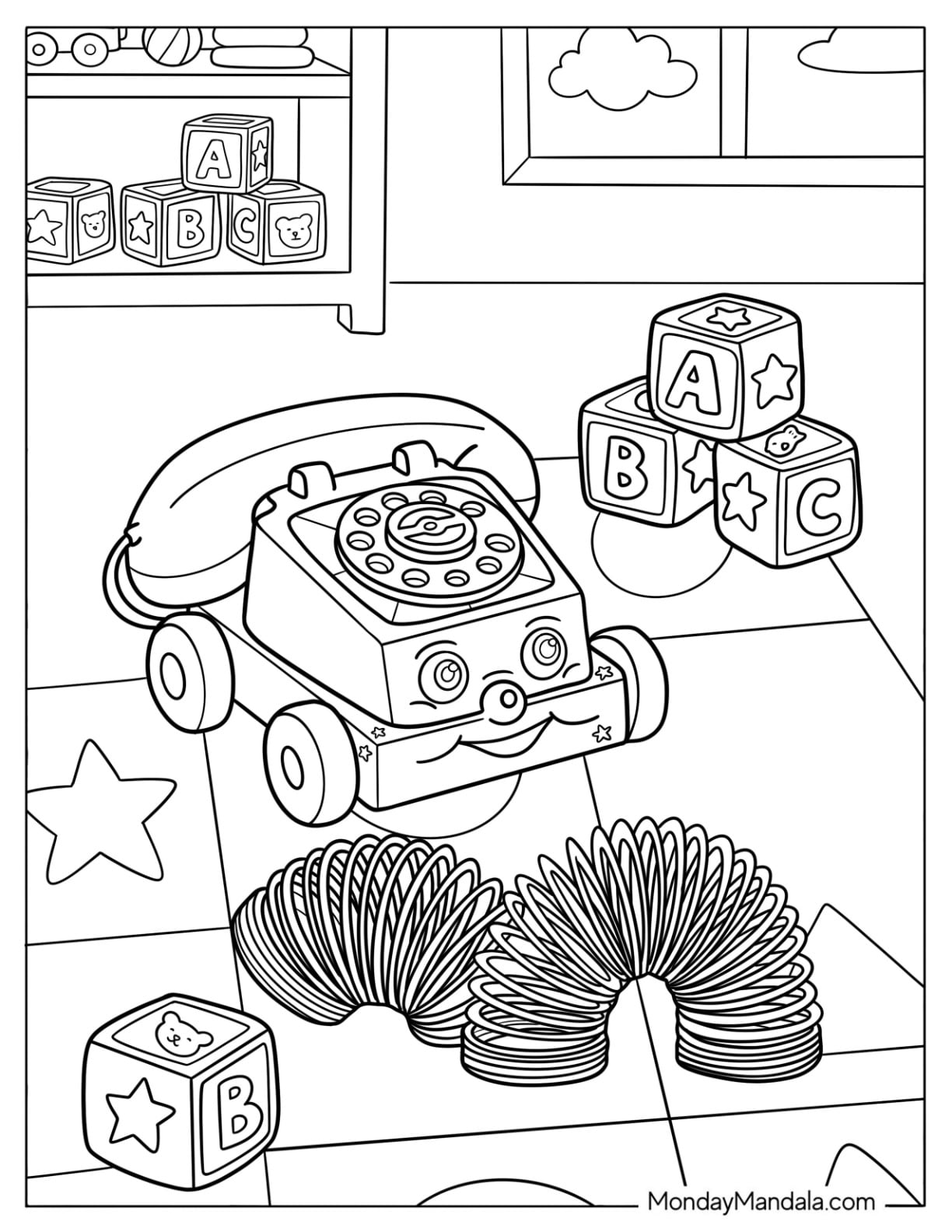 Toy Coloring Page of Telephone, ABC Blocks, and Slinky in a Playroom