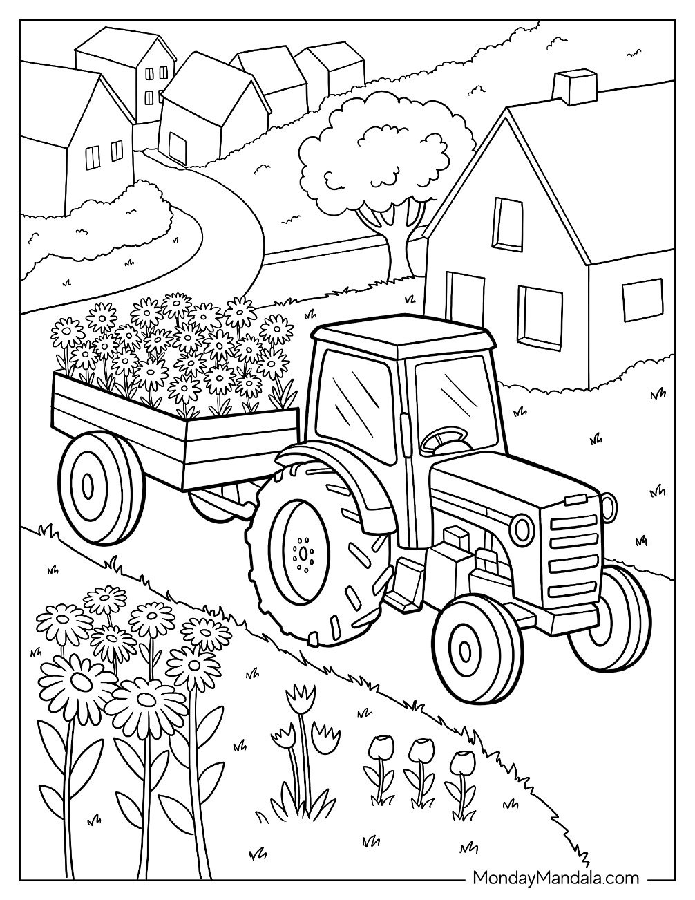 Tractor Coloring Page Carrying Flowers Through a Village Path