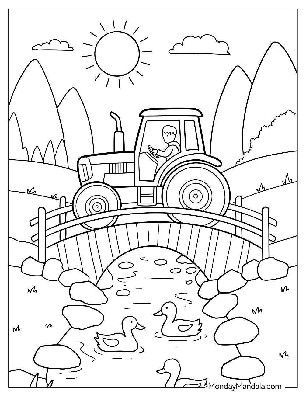 Tractor Coloring Page Crossing a Stone Bridge Over Duck Pond