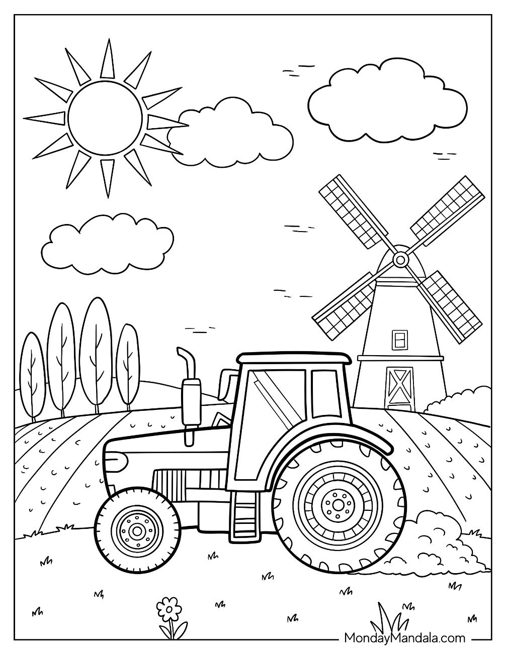 Tractor Coloring Page Driving Past Windmill on Sunny Farm For Kids