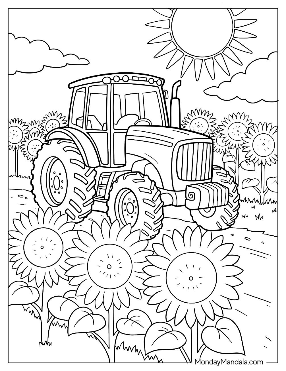 Tractor Coloring Page Driving Through a Sunflower Field