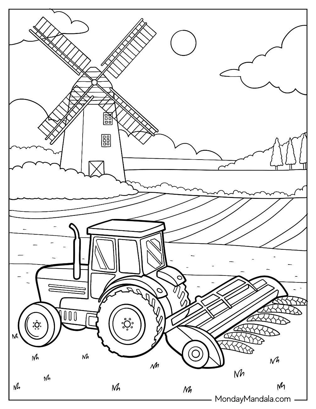 Tractor Coloring Page Harvesting Crops Near a Windmill