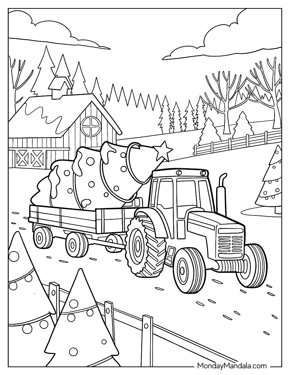 Tractor Coloring Page Hauling Christmas Trees Through Winter Farm