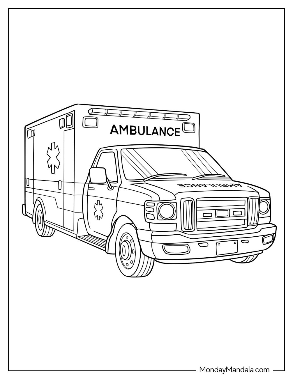 Traditional Ambulance Coloring Page with Bold Lettering