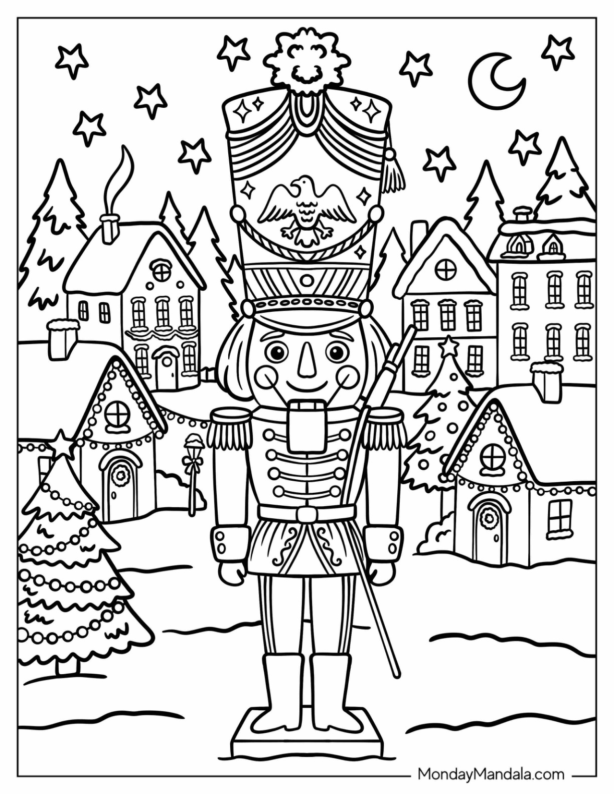 Traditional Nutcracker Soldier in a Snowy Christmas Village Coloring Sheet