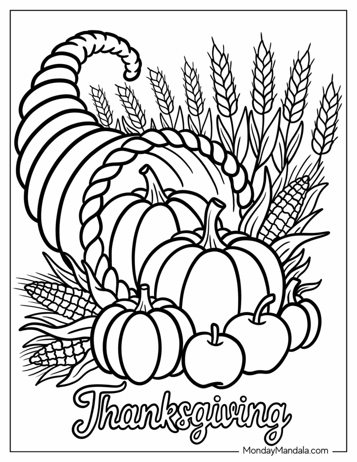 Traditional Thanksgiving Coloring Page of Cornucopia with Pumpkins and Harvest Wheat