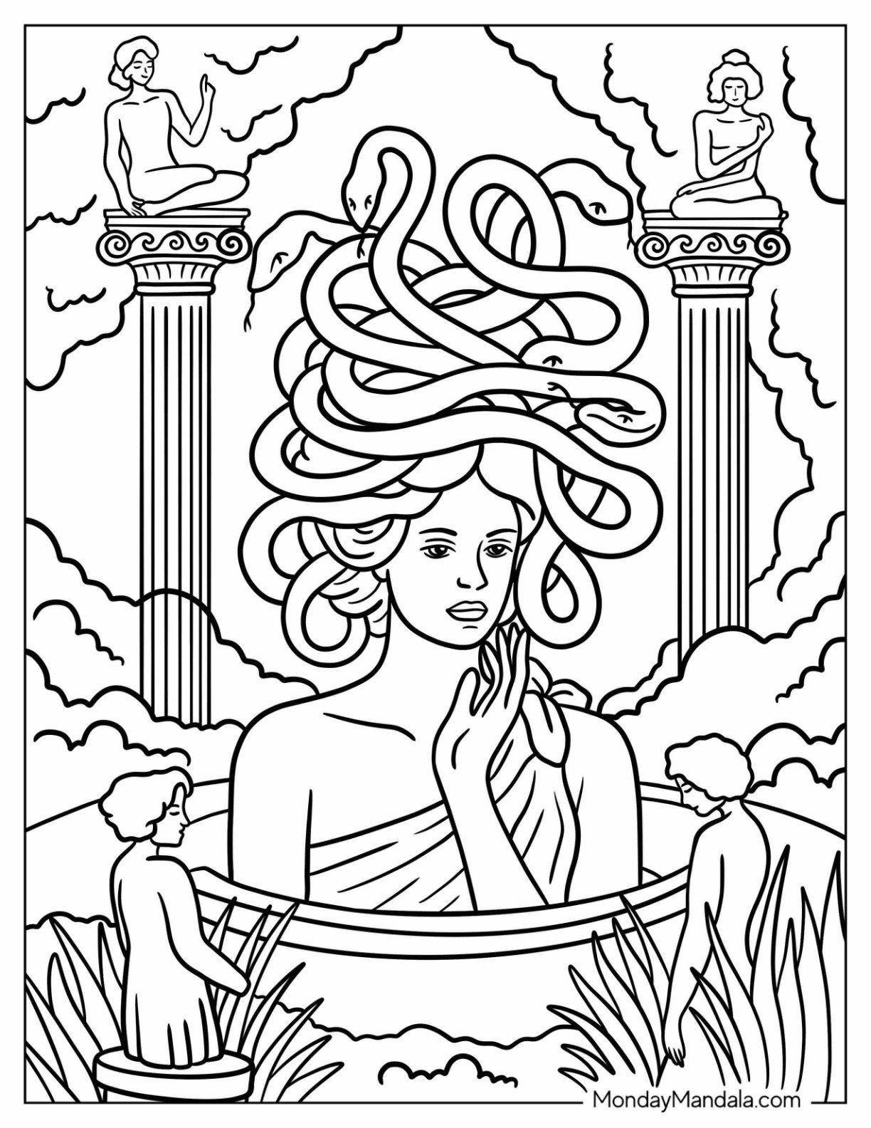 Tragic Gorgon Medusa Coloring Page Surrounded by Statues and Clouds