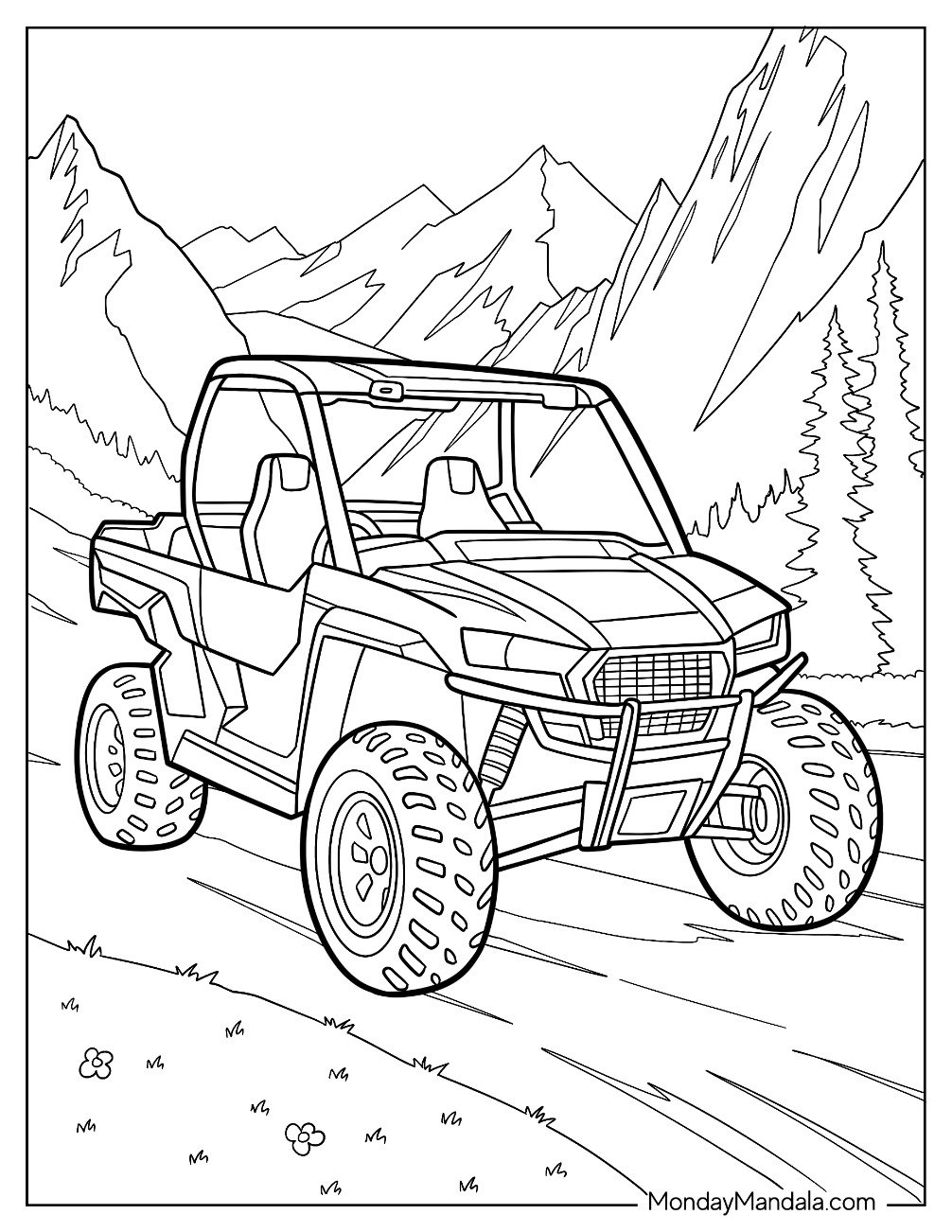 Trail UTV Coloring Page Driving Through a Scenic Mountain Pass